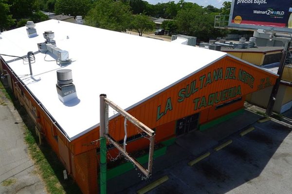 Commercial roofing for a local taqueria business done by Stephens Roofing.