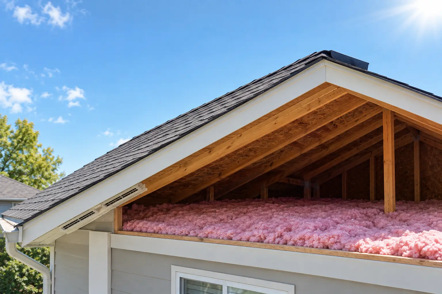Texas home attic with roof ventilation and thick insulation beneath a shingle roof
